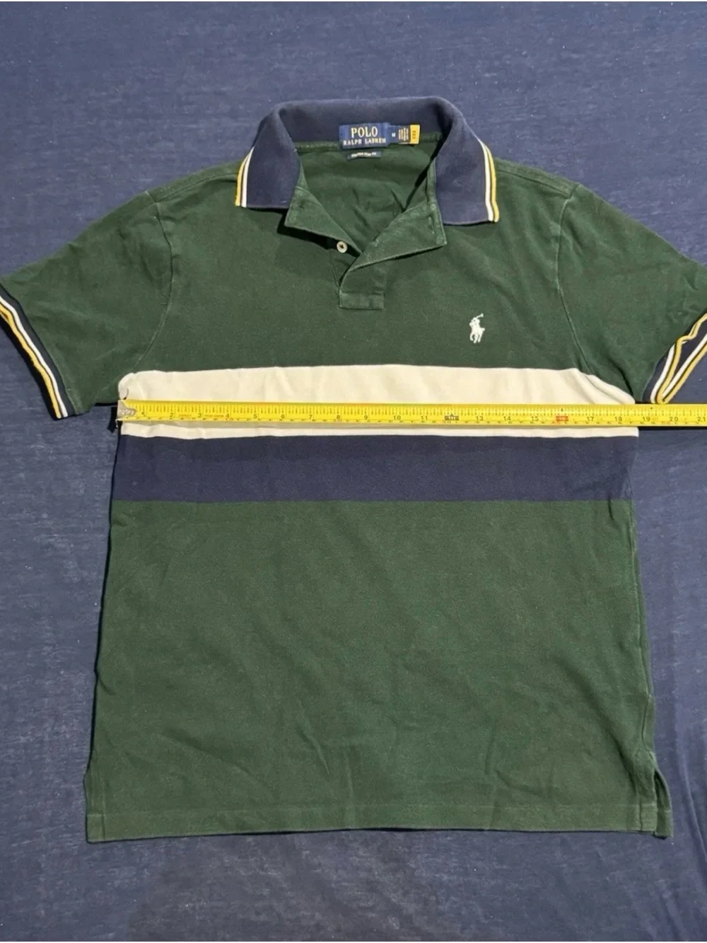 Men’s Medium Slim Fit Ralph Lauren Green, Navy & White Striped Polo Shirt